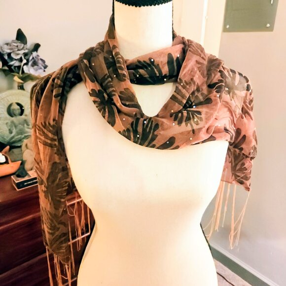 Elegant Copper Silk and Velvet Palm Print Scarf - Picture 5 of 8